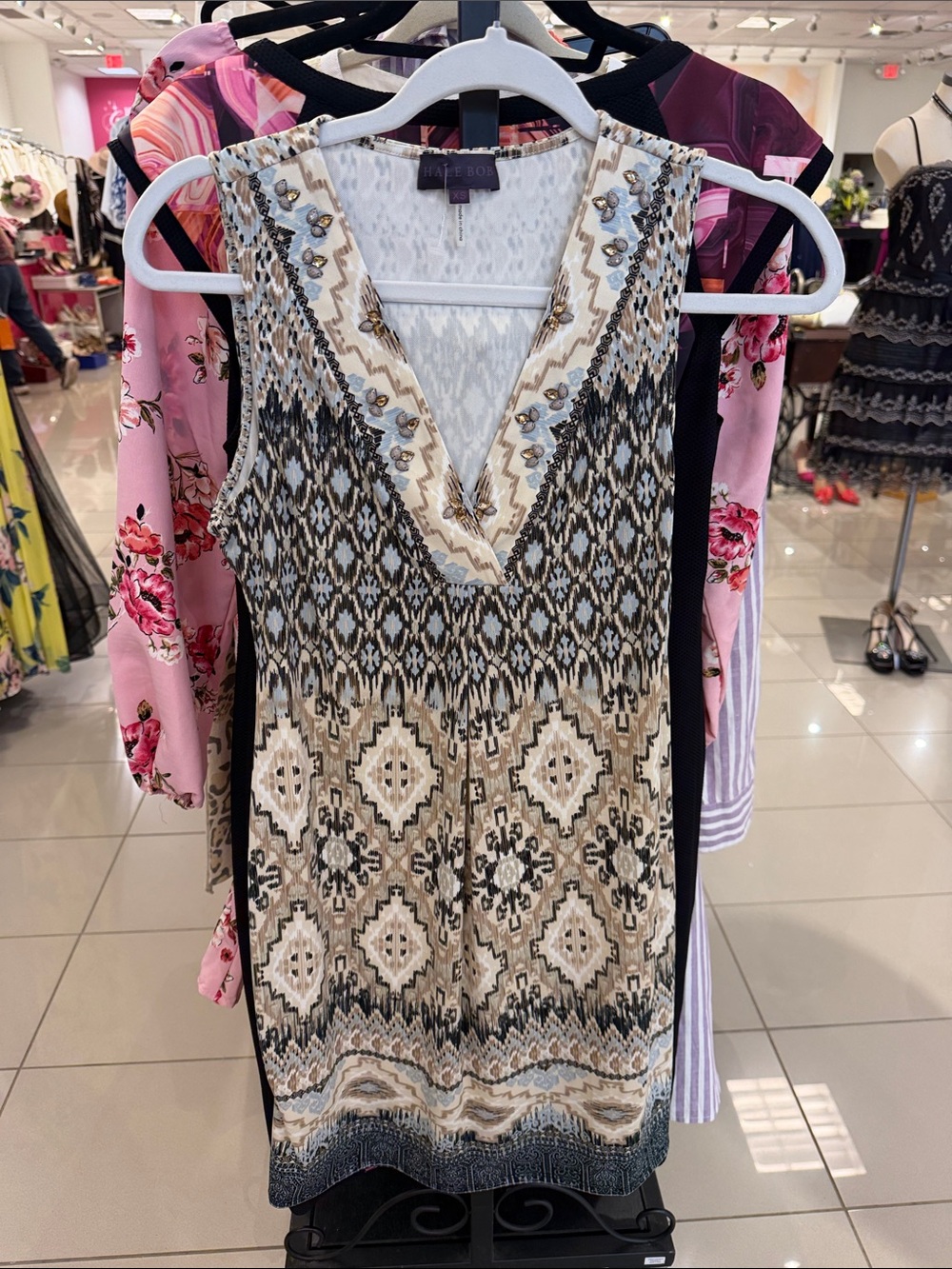 Hale Bob Beige, Black & White Patterned Mini Dress